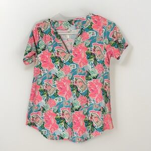 Lulu B Women's Small Tropical Golf Resort Top Pink Teal Floral V-Neck‎